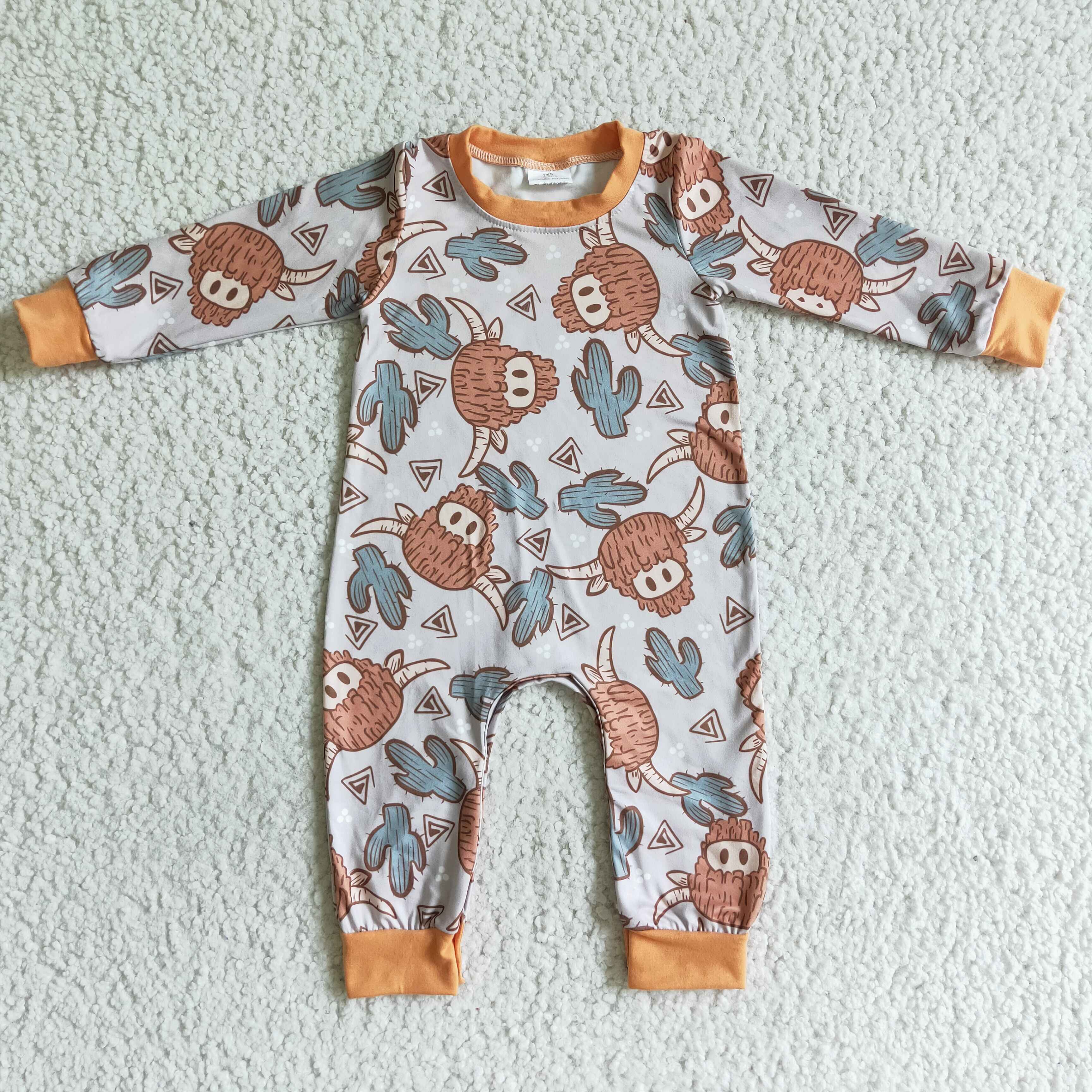 Highland cow cactus long sleeve brown baby boy romper