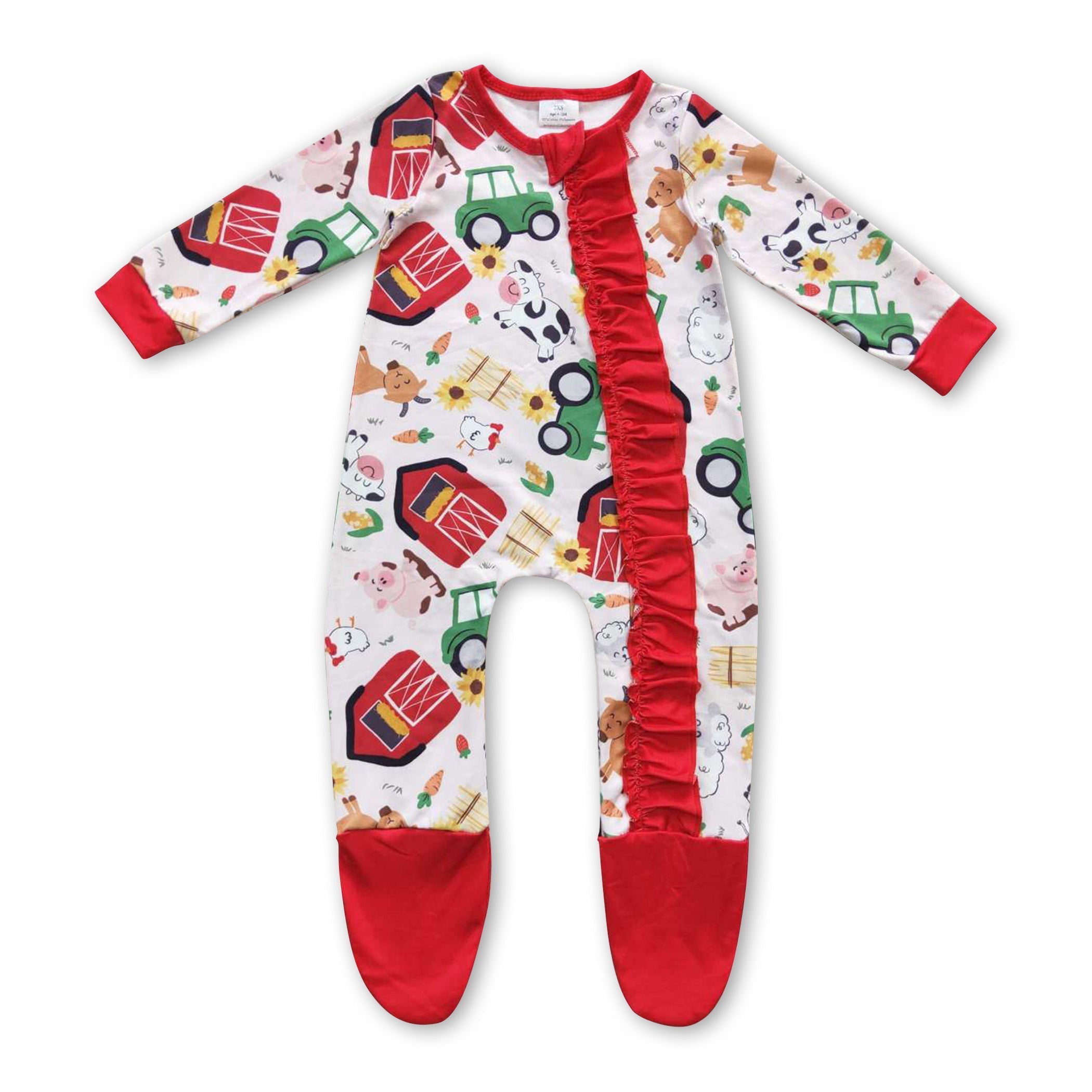Cow pig sheep chicken baby girls zipper farm romper