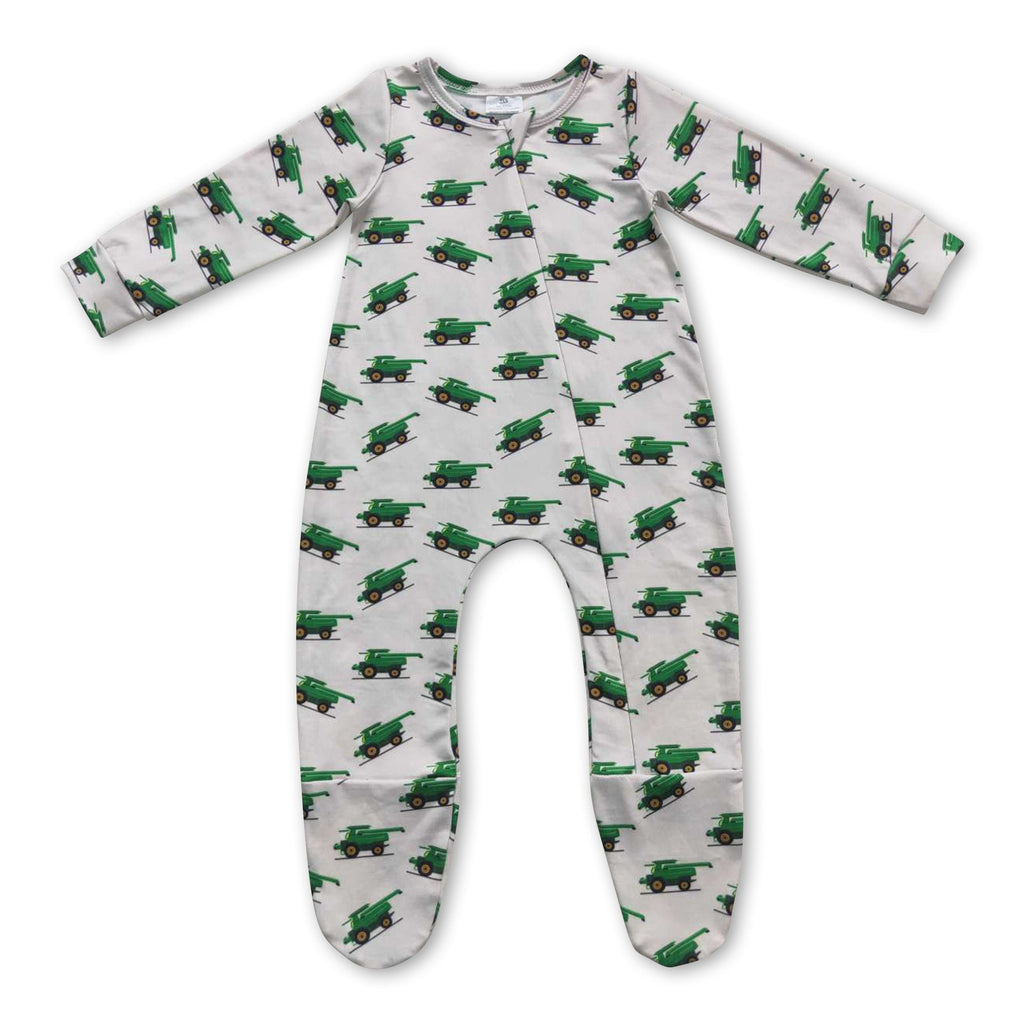 Green tractor long sleeves baby boy zipper footed coverall