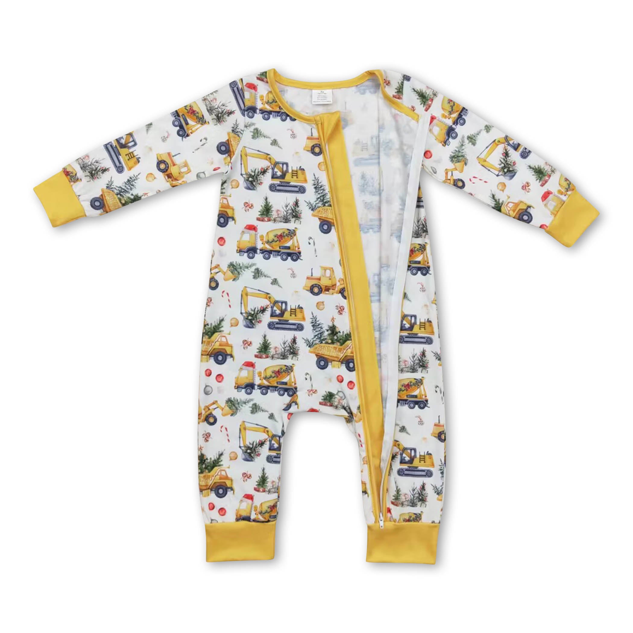 Yellow constructions Christmas tree baby boy zipper romper