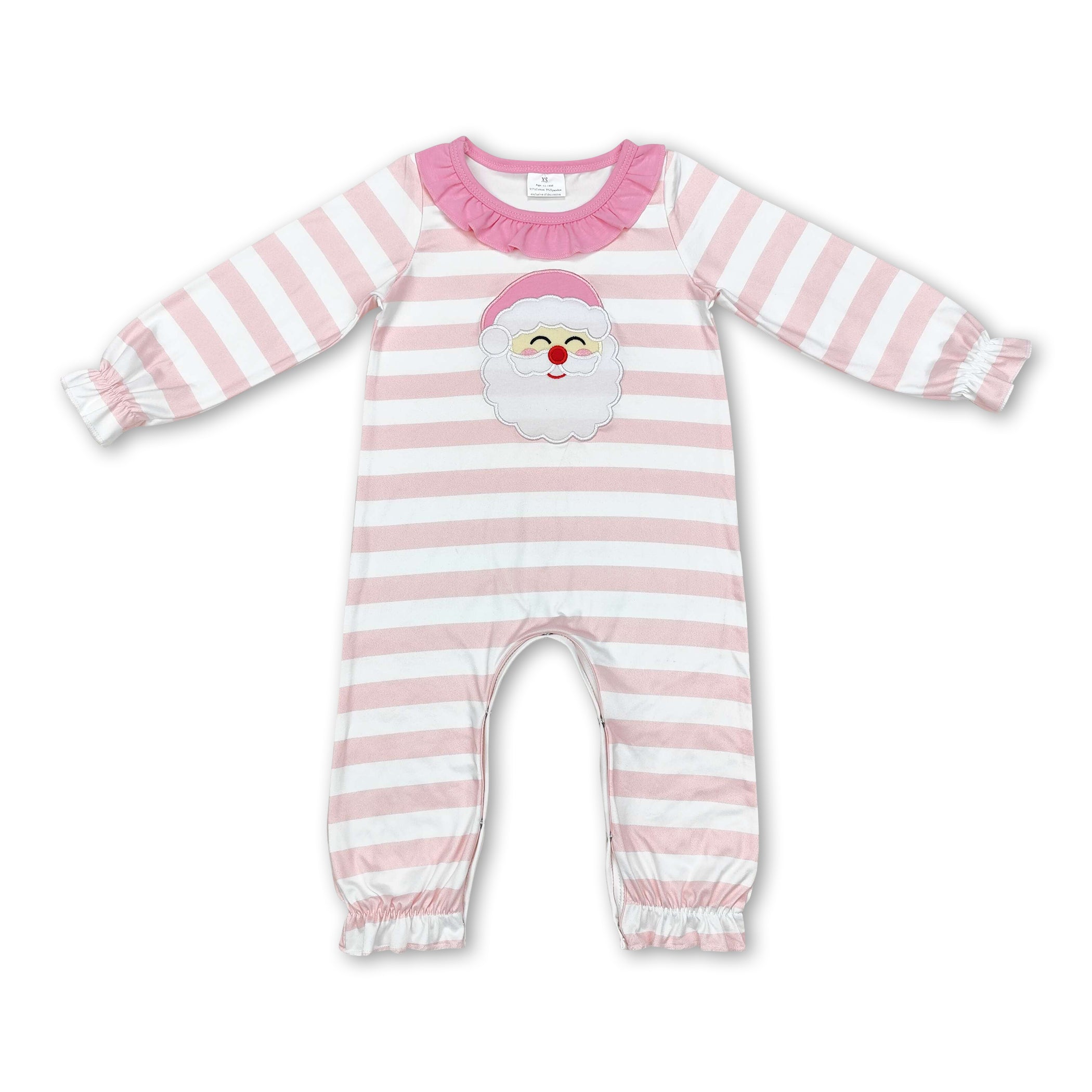 Pink stripe long sleeves santa baby girl Christmas romper