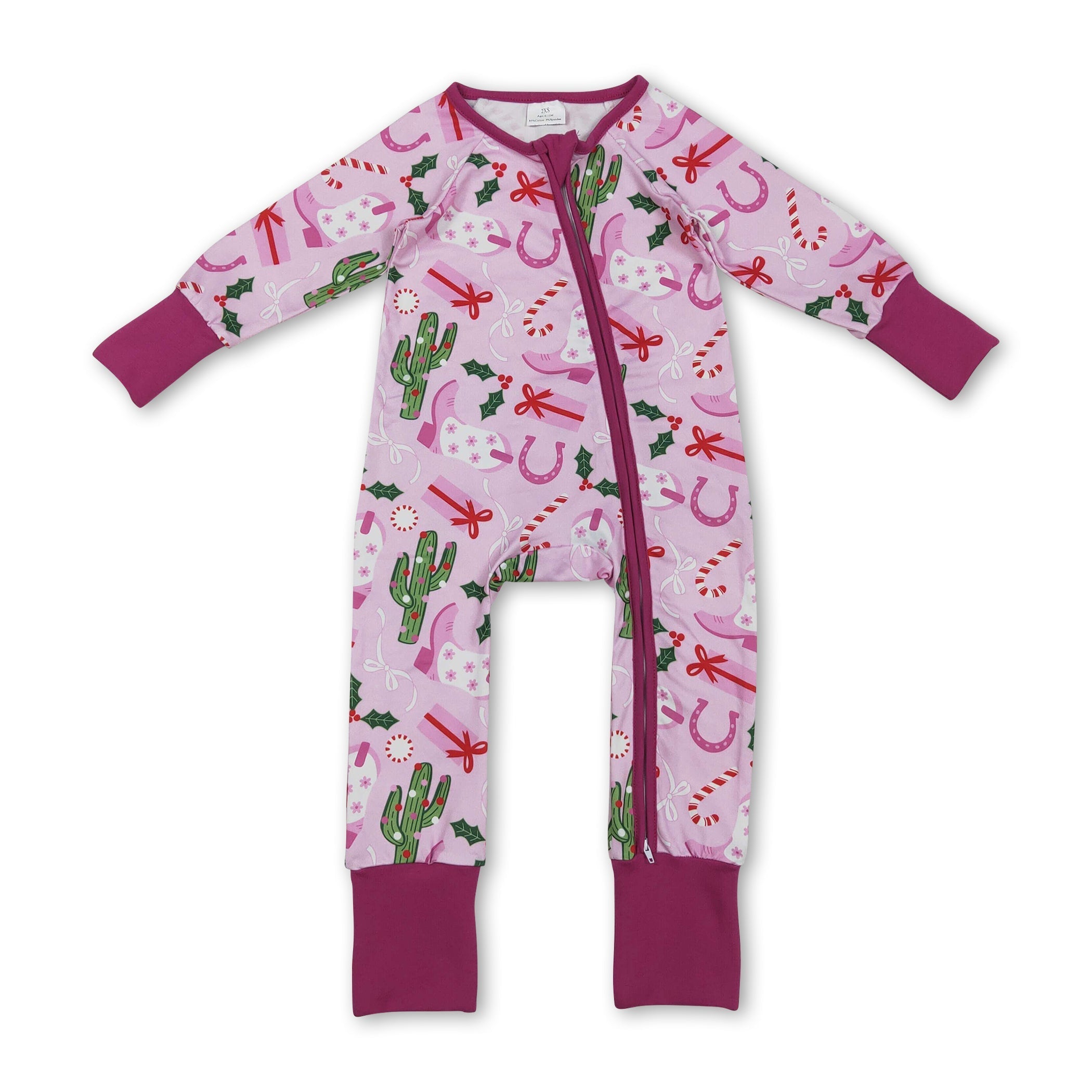 Pink boots candy cane gift baby western Christmas zipper romper