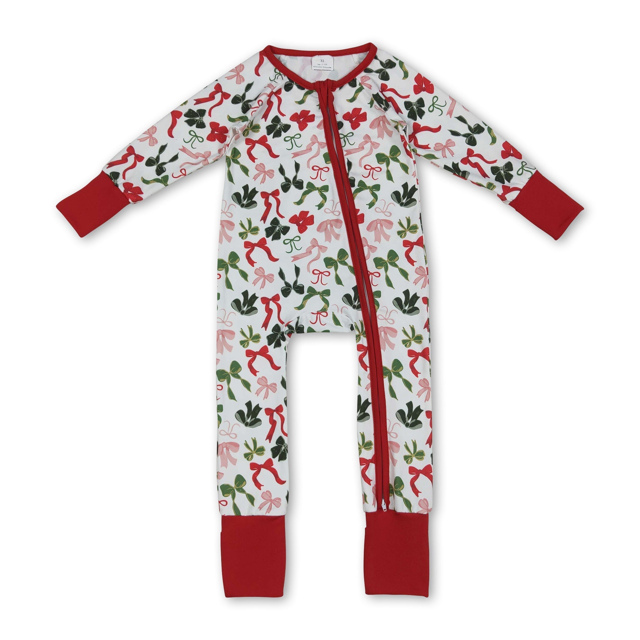 Long sleeves red green bows baby Christmas zipper romper