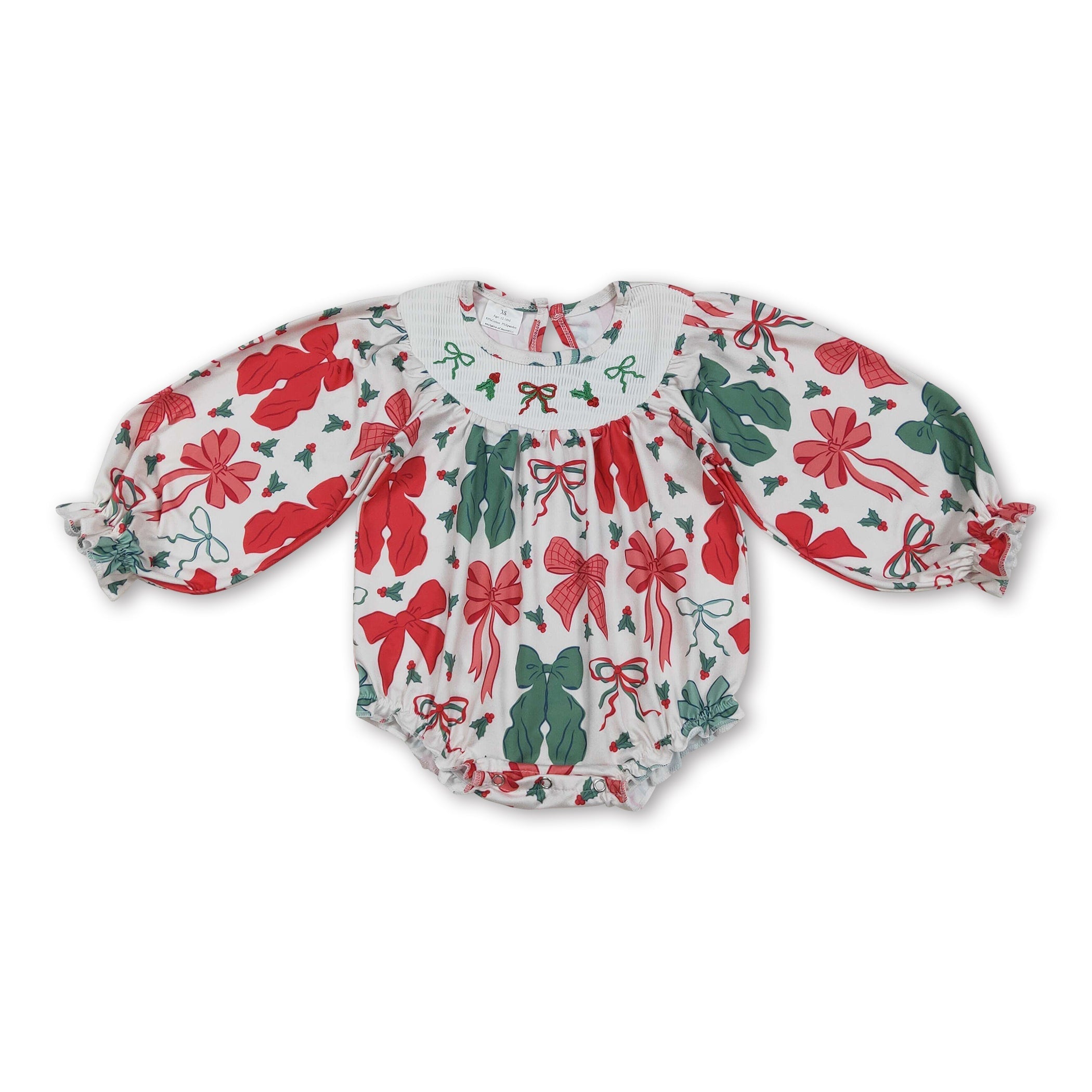 Green red bows smocked girls Christmas romper