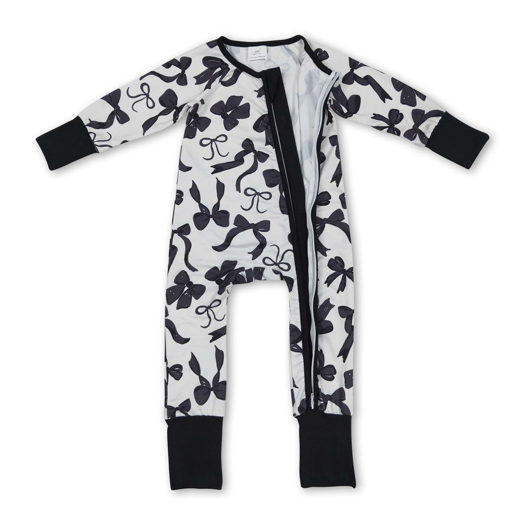 Long sleeves black bows baby girls zipper romper