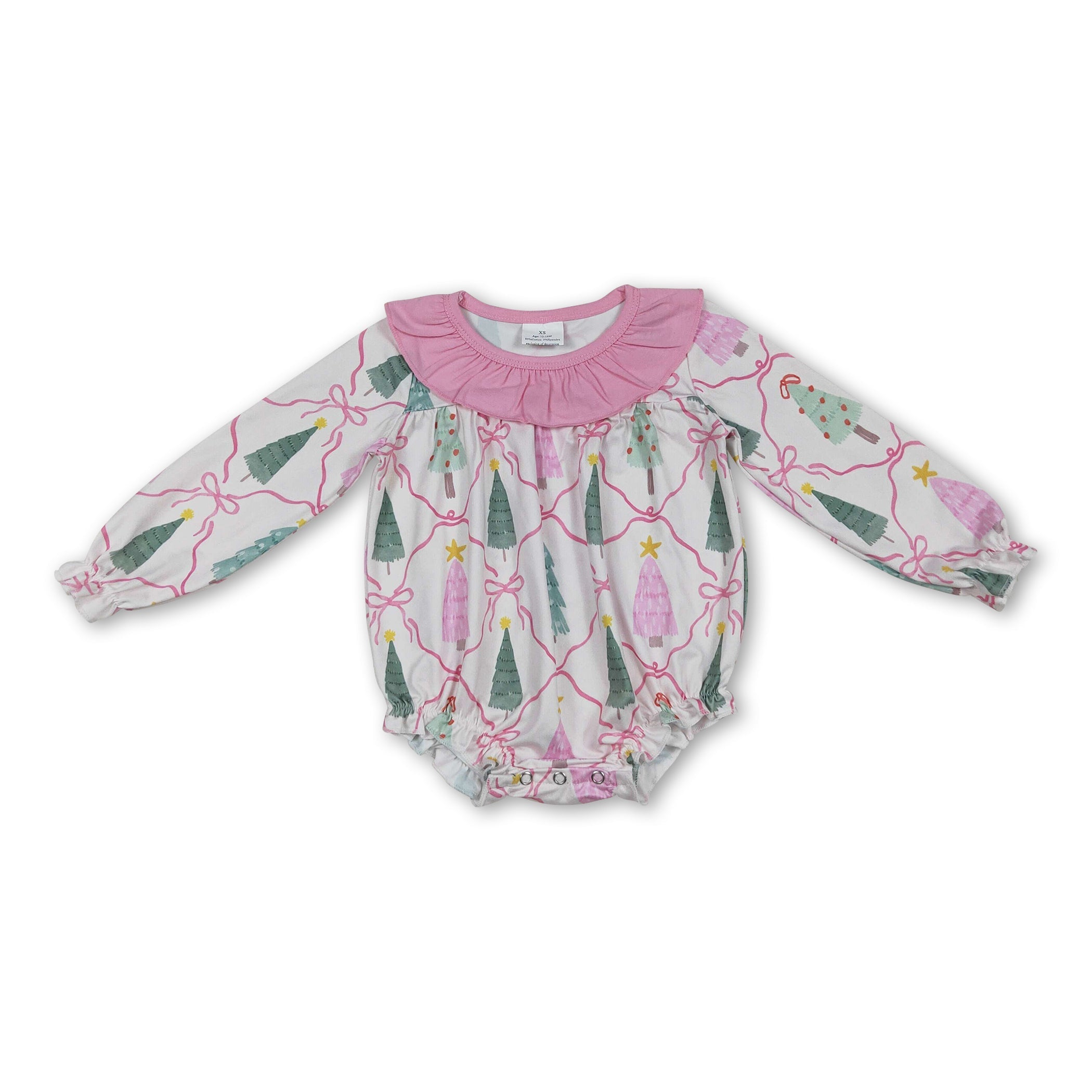 Long sleeves pink bow Christmas tree baby girl zipper romper