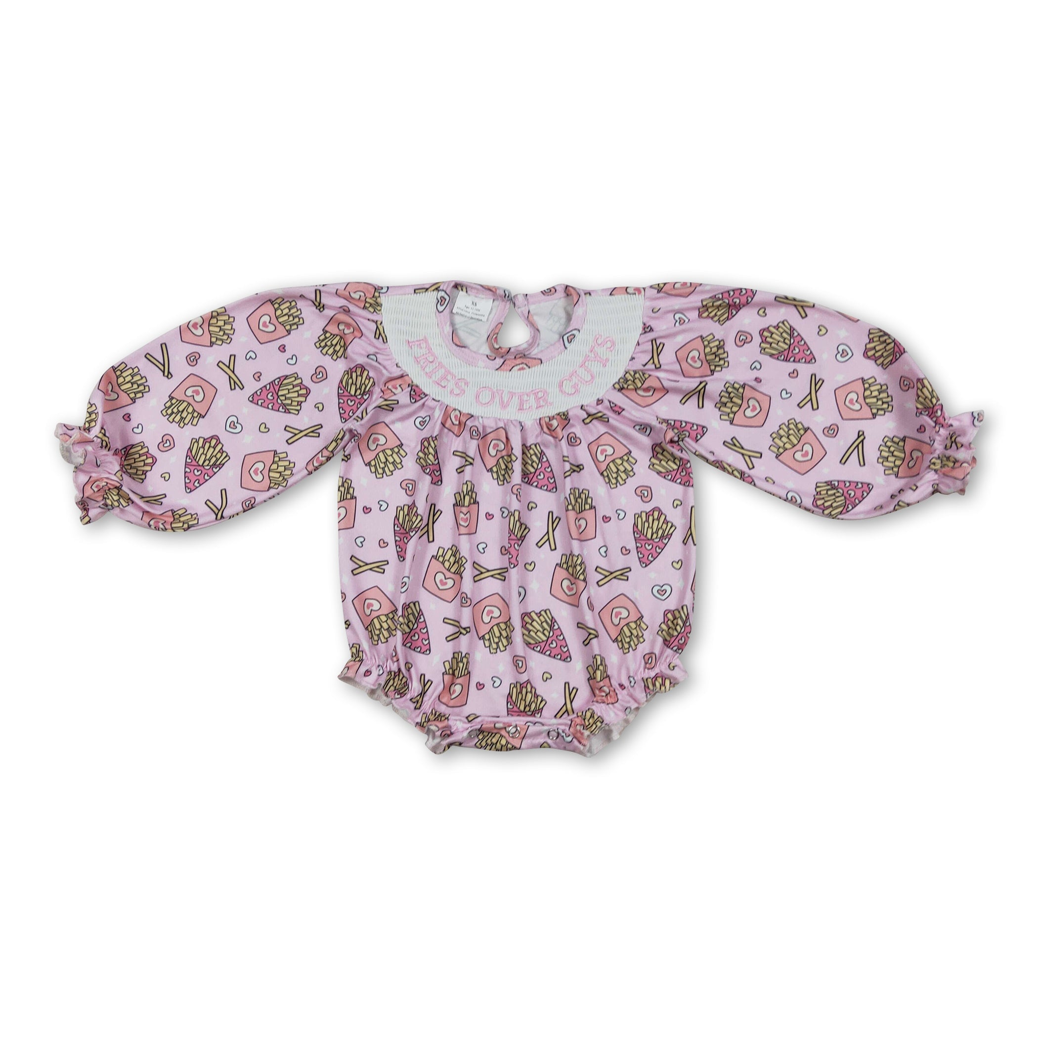 Long sleeves heart fries smocked baby girls Valentine's romper