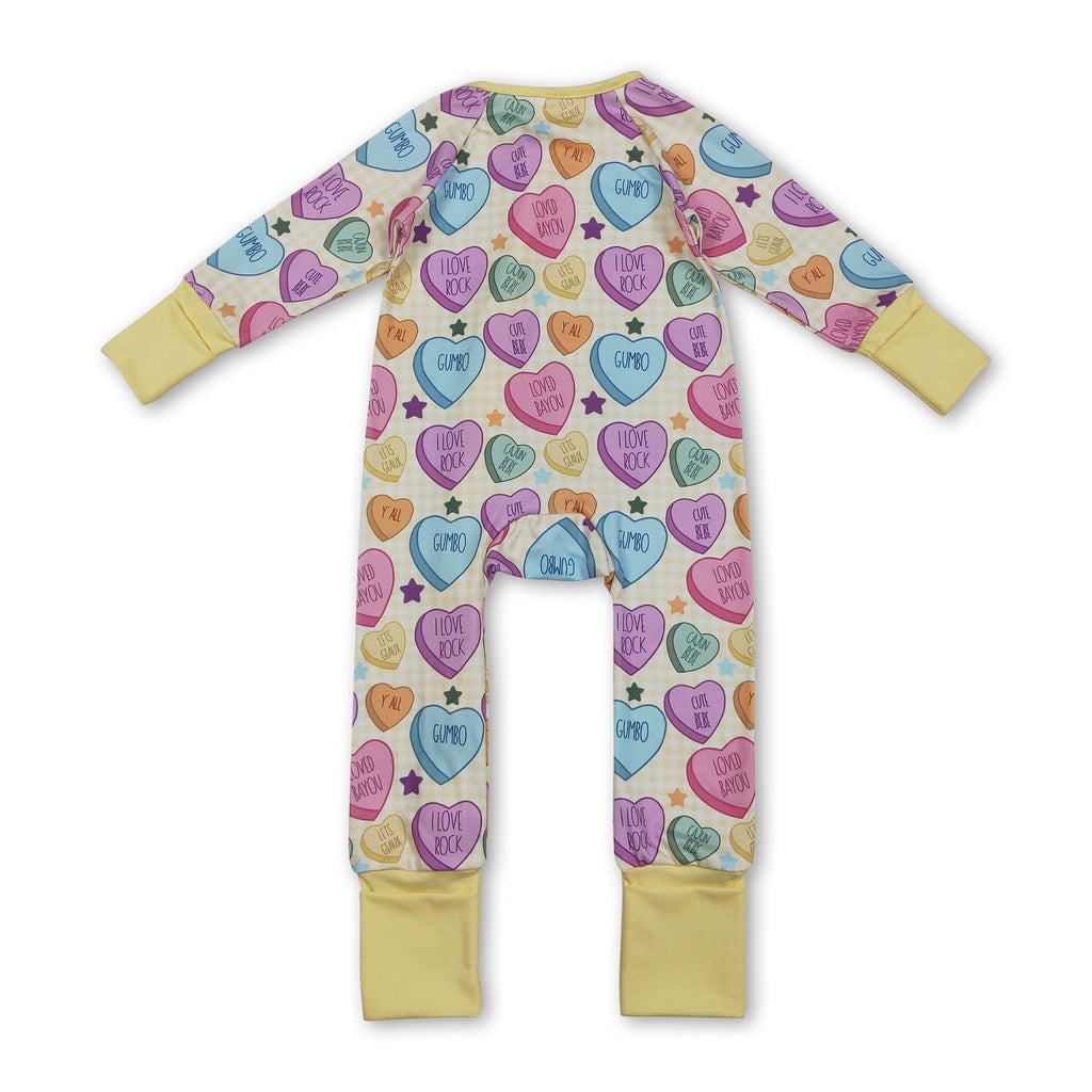 Long sleeves yellow plaid heart baby girls valentine's romper