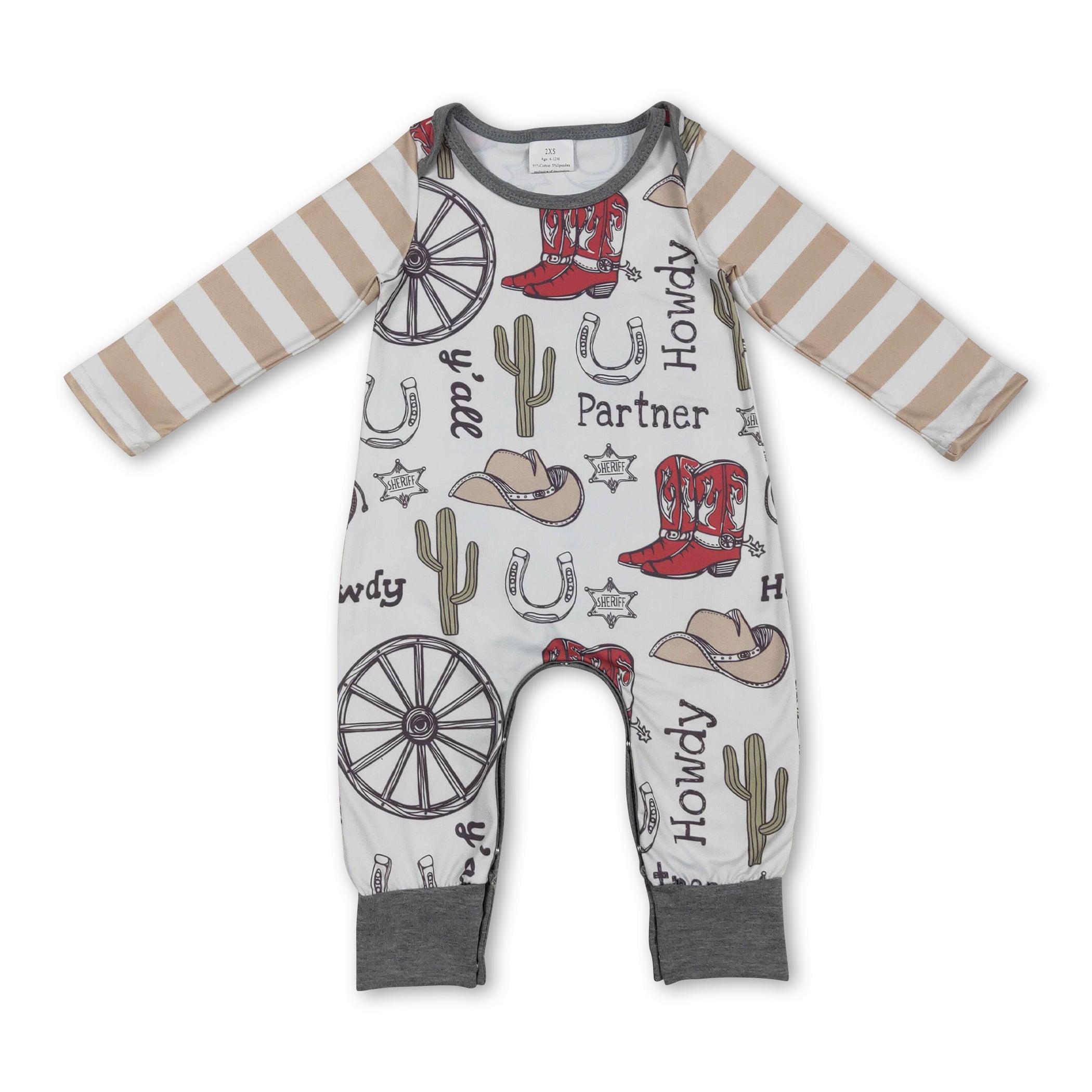 Stripe long sleeves cactus boots western boy romper