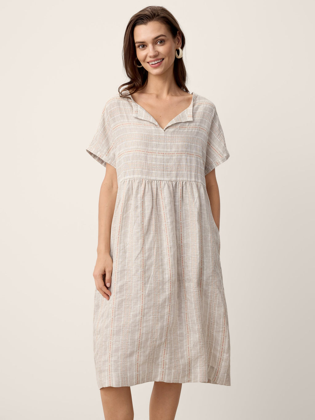 Linen Gathered-Hem Split-Neck Midi Dress SYDNEY