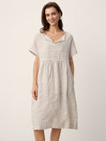 Linen Gathered-Hem Split-Neck Midi Dress SYDNEY