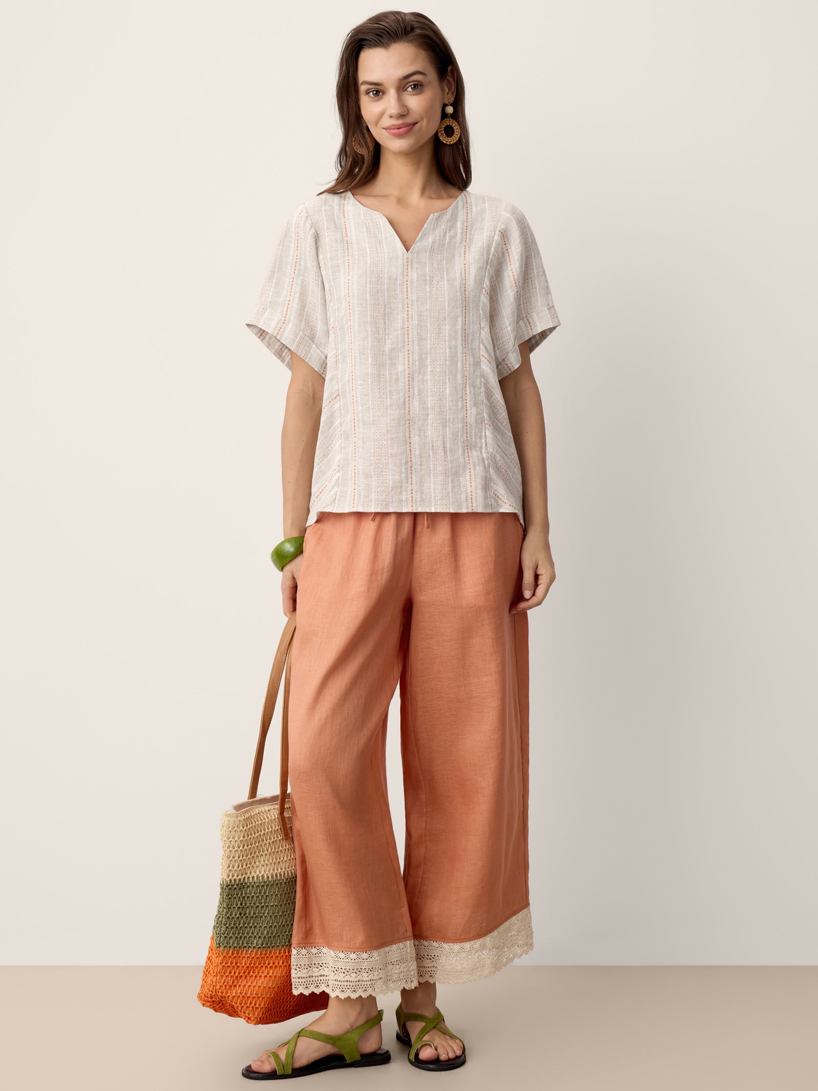 Linen Split-Neck Drop-Shoulder Top KIERA