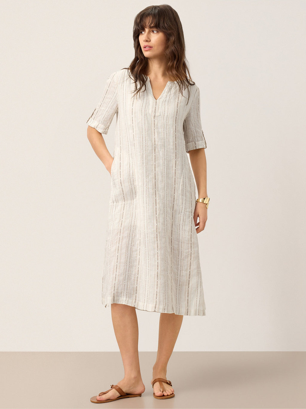 Linen Striped Notch Neck Tab-Cuff Bohemian Midi Dress ALTHEA