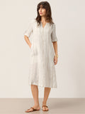 Linen Striped Notch Neck Tab-Cuff Bohemian Midi Dress ALTHEA