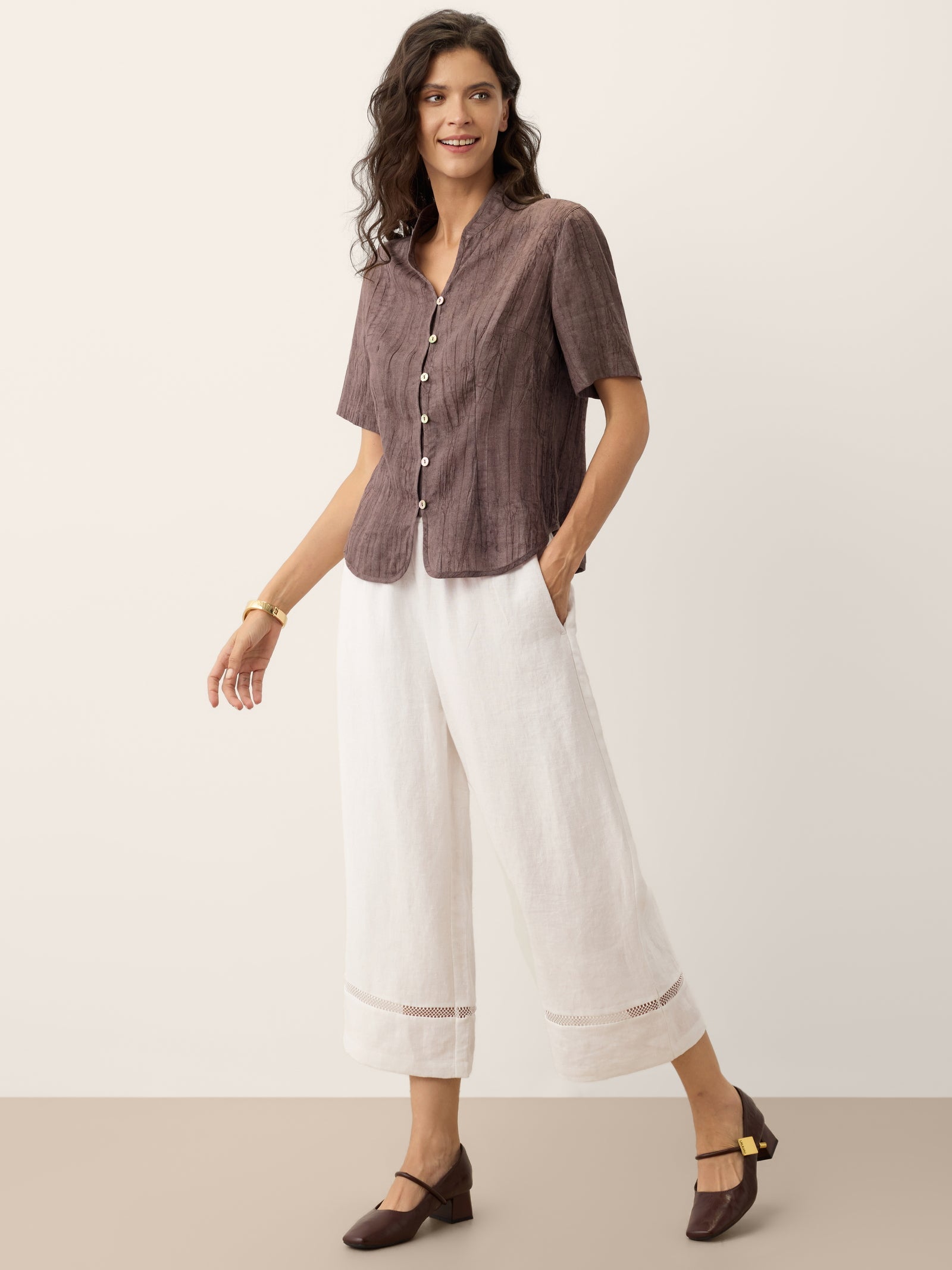 Linen Textured Stand Collar Shirt Jacket PHILIPPA