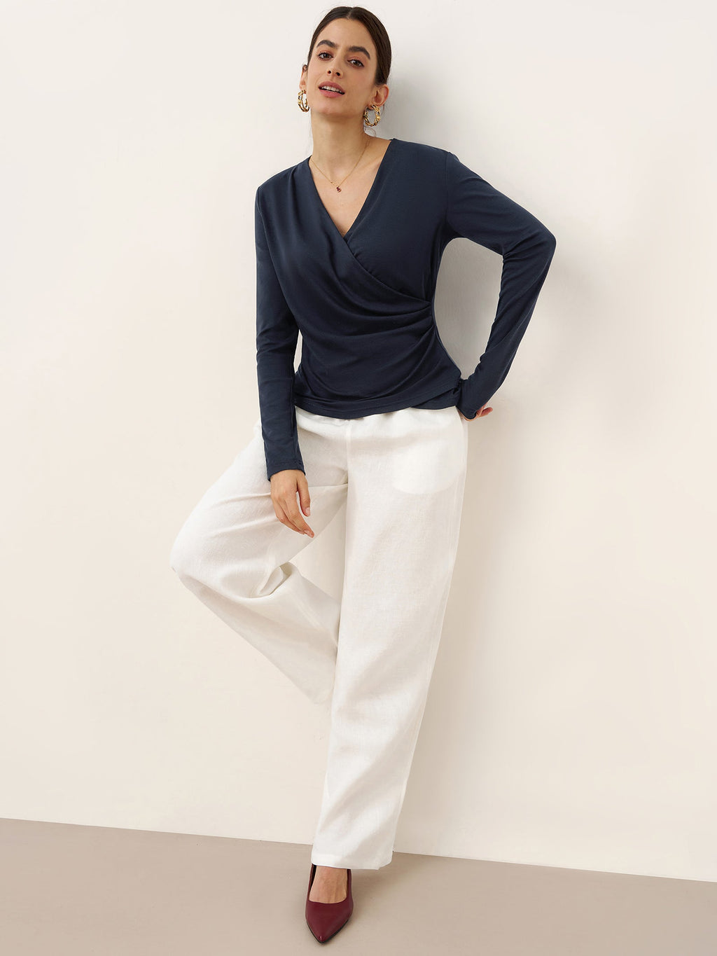 Wool Lyocell Asymmetric Ruched Overlap V-Neck Top TILLY