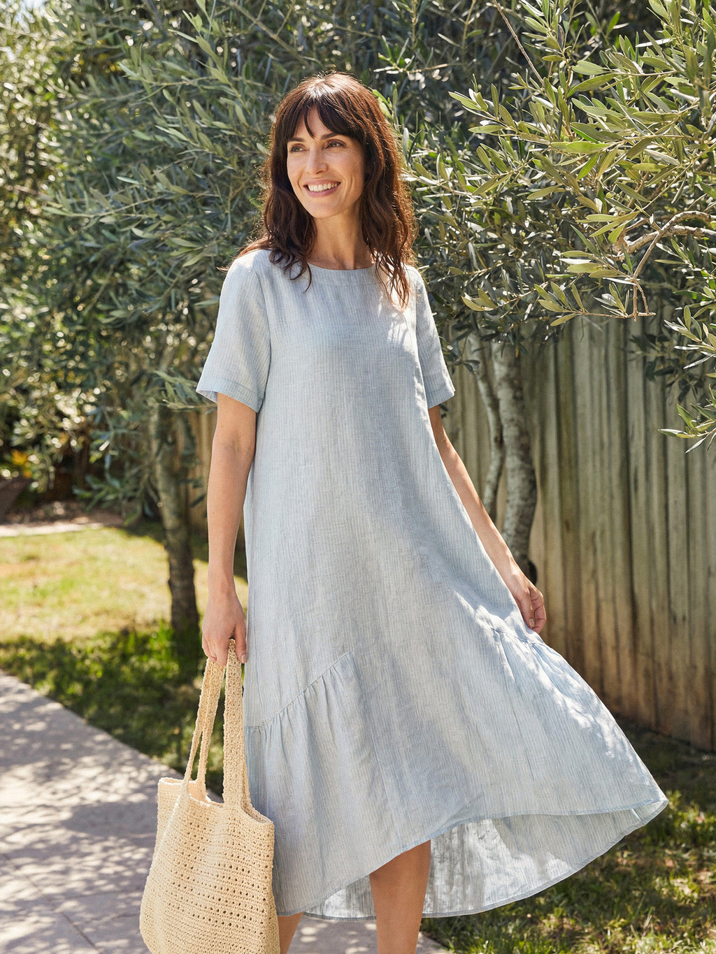 100% Linen A-Line Gathered Panel High-Low Maxi Dress LURLINE