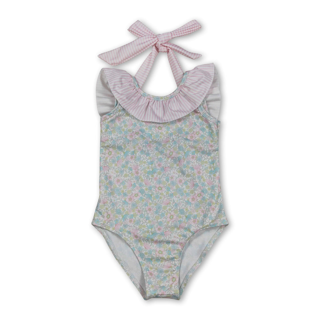 Sleeveless pink stripe ruffle floral girls one piece swimsuit