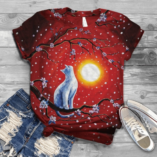 Women Summer Short Sleeve Digital 3D Cat Printed O-Neck Tops T Shirt Femme T-Shirts