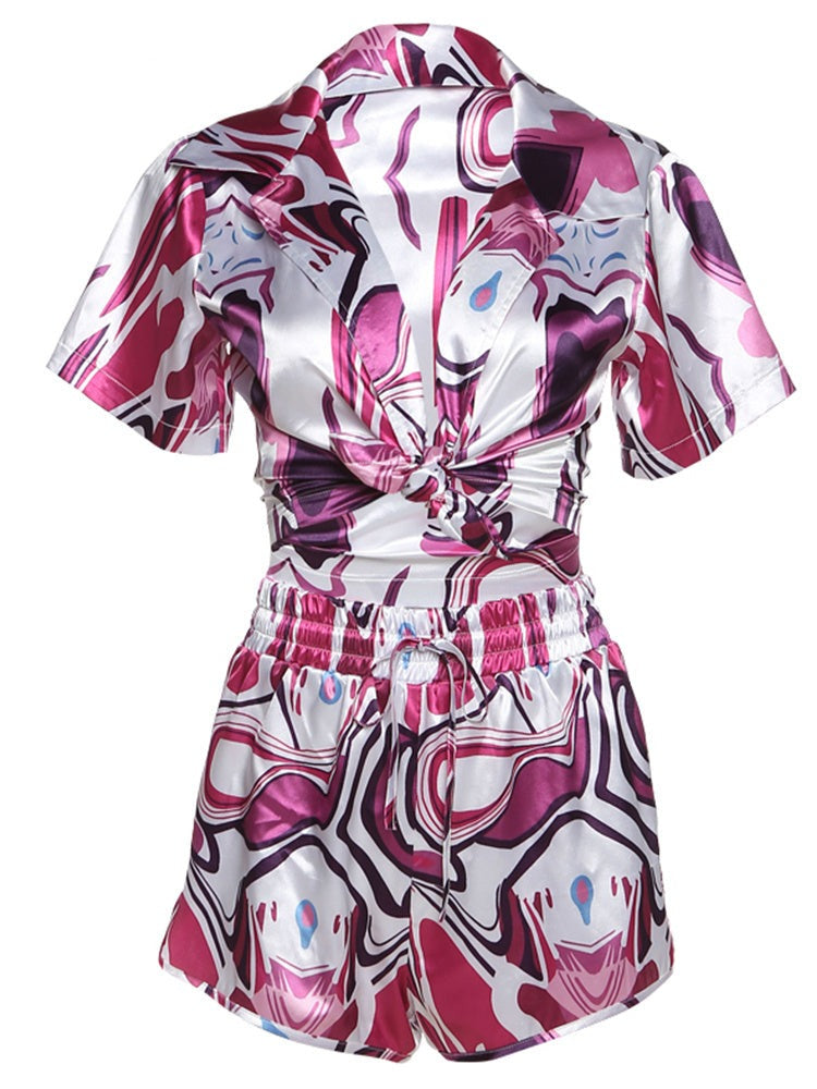 Multi-Color Print Two Piece Set Casual Short Sleeve Pleat Top+ High Waist Elastic Shorts