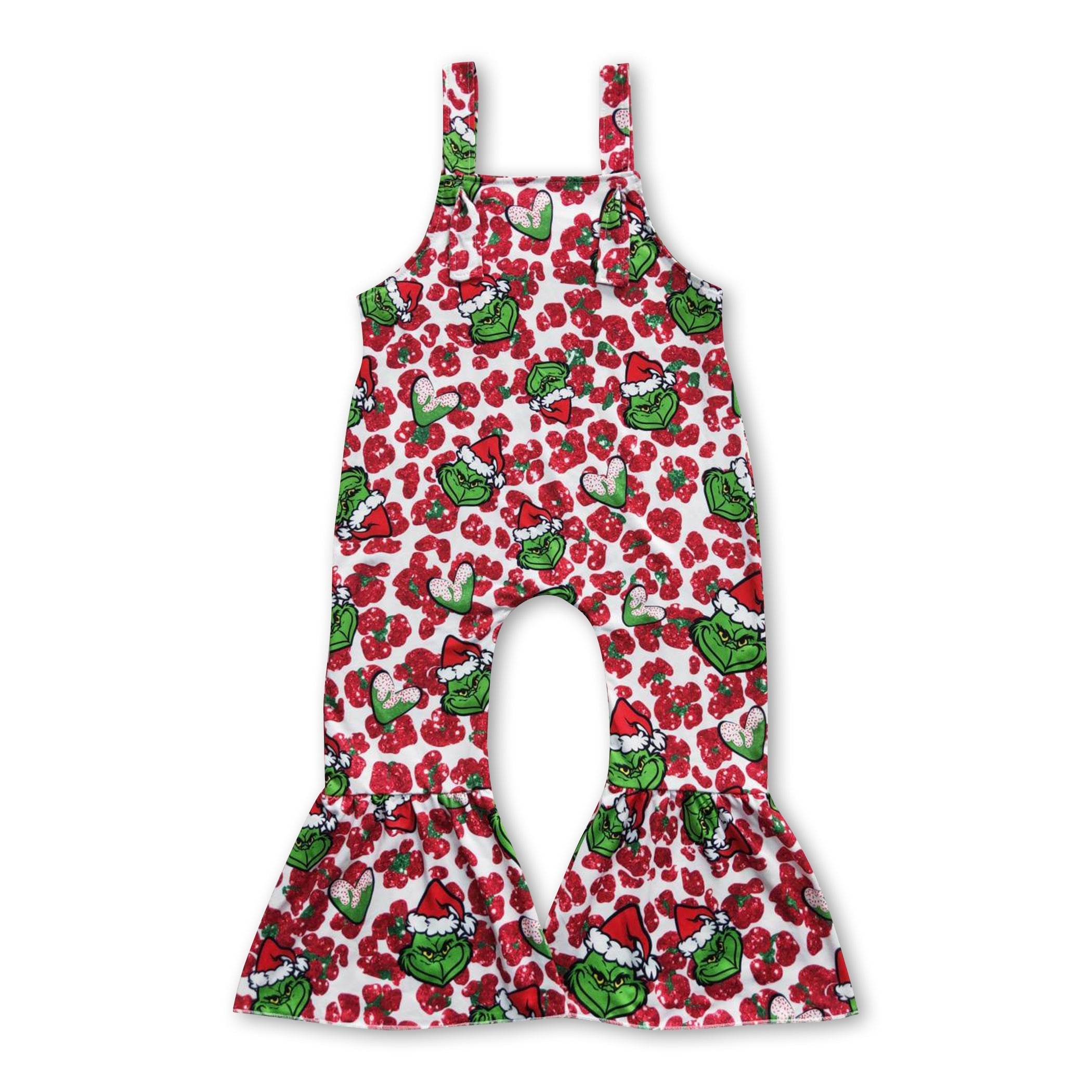 Sleeveless red leopard green face girls Christmas jumpsuit
