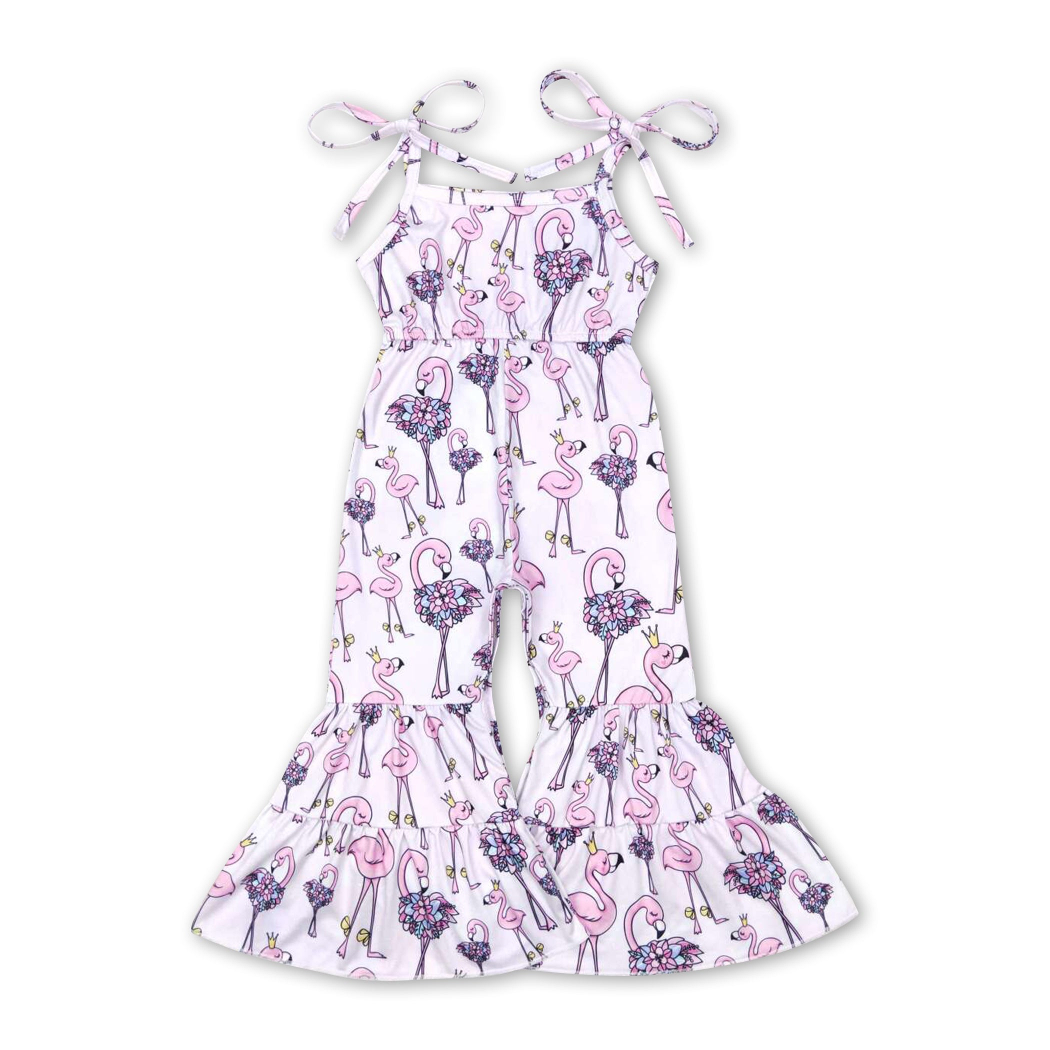 Pink suspender flamingo baby girls bell bottom jumpsuit