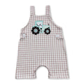 Khaki plaid tractor sleeveless baby boy farm romper