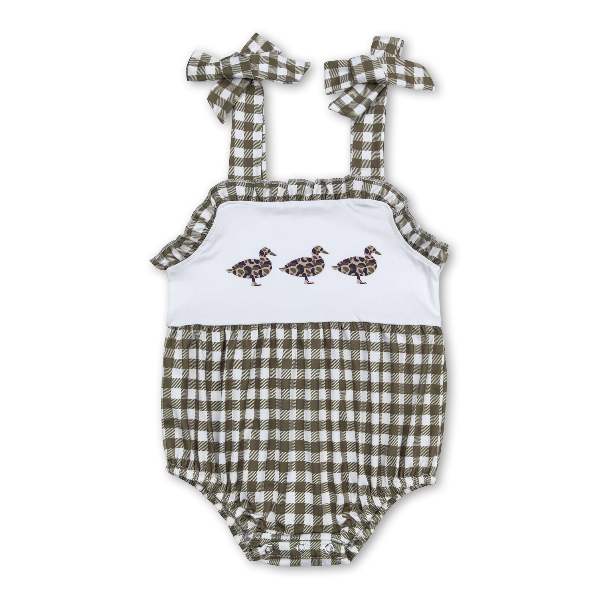Olive plaid straps duck baby girls summer romper