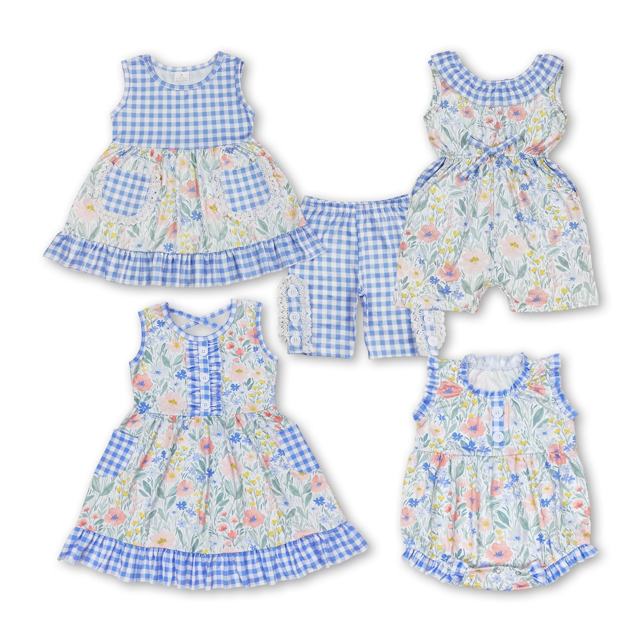 Sleeveless blue plaid floral baby girls romper