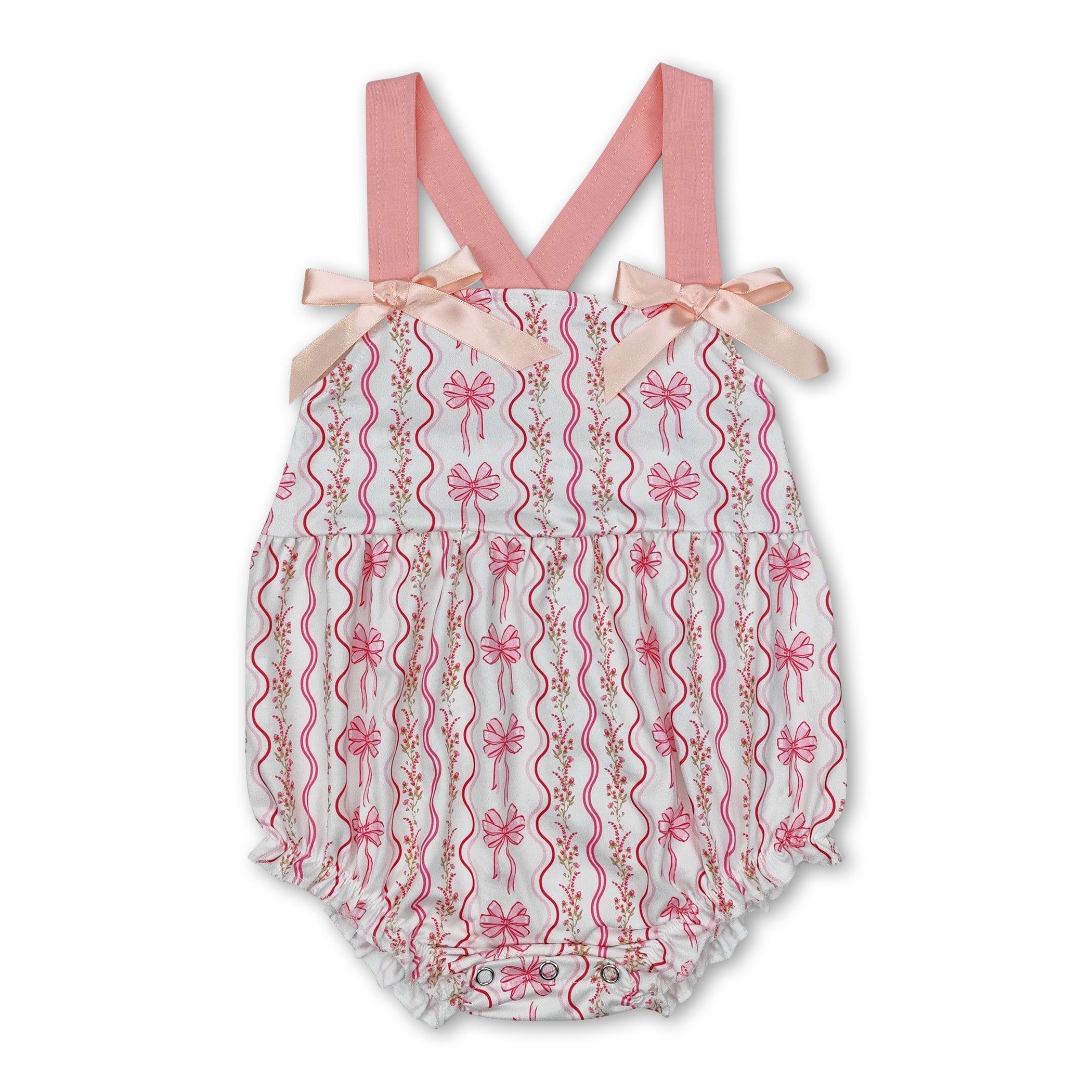 Pink straps bow floral baby girls summer romper