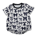 Short sleeves black bow baby girls summer romper