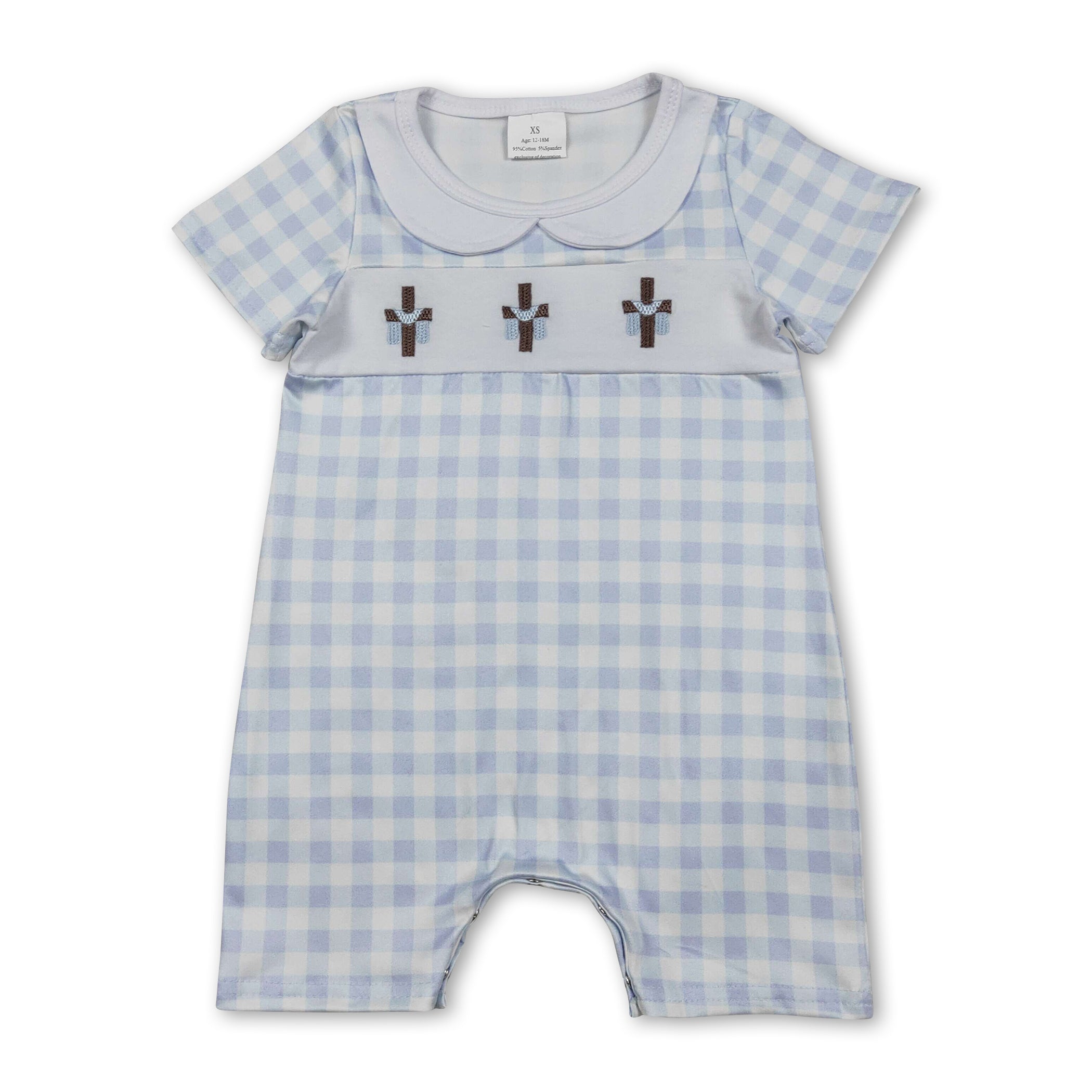Plaid short sleeves cross embroidery baby boy Easter romper