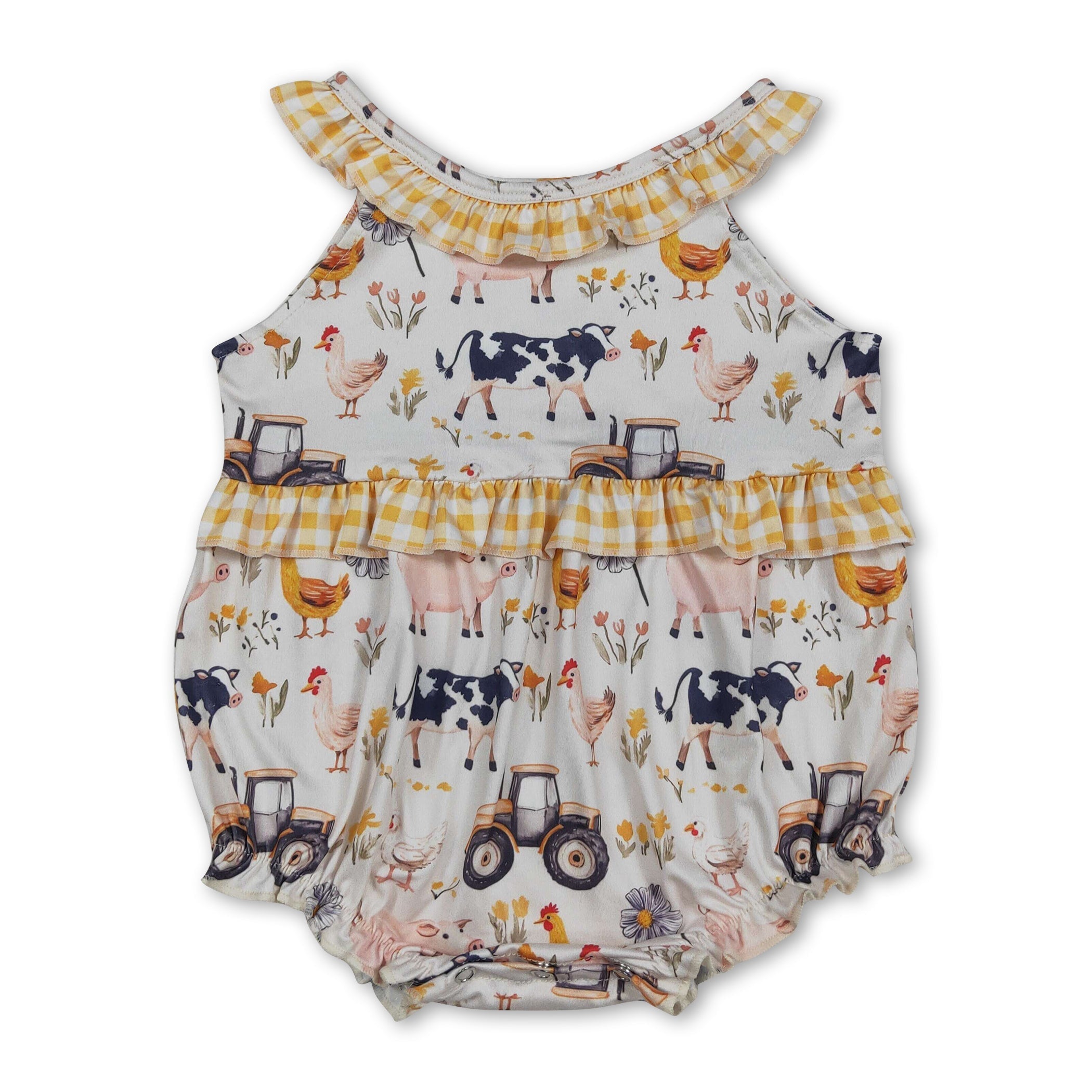 Yellow plaid ruffle sleeveless farm baby girls romper
