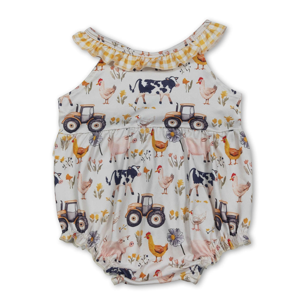 Yellow plaid ruffle sleeveless farm baby girls romper