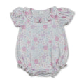 Short sleeves pink lavender floral ruffle baby girl romper