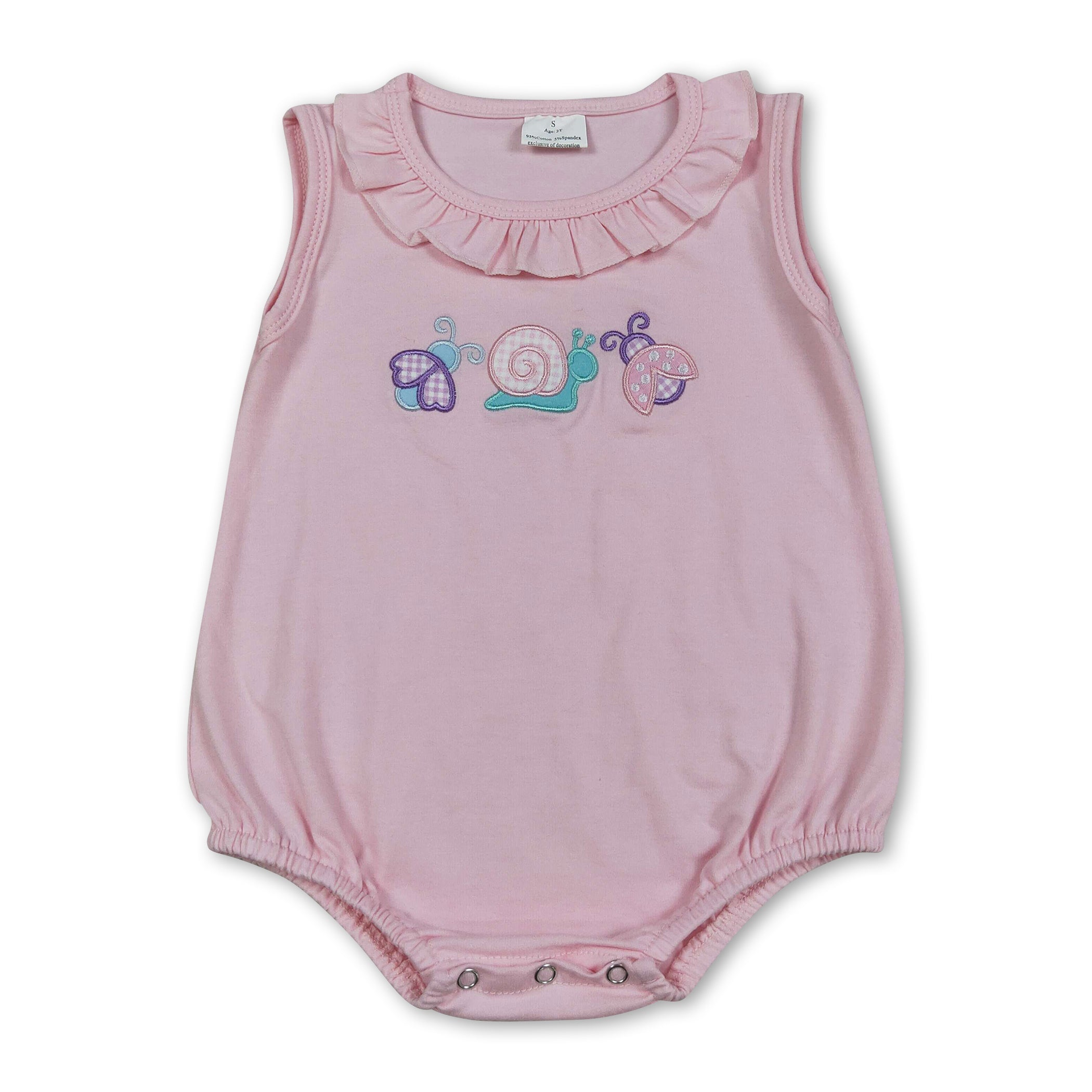 Ruffle sleeveless bee snails embroidery baby girls romper