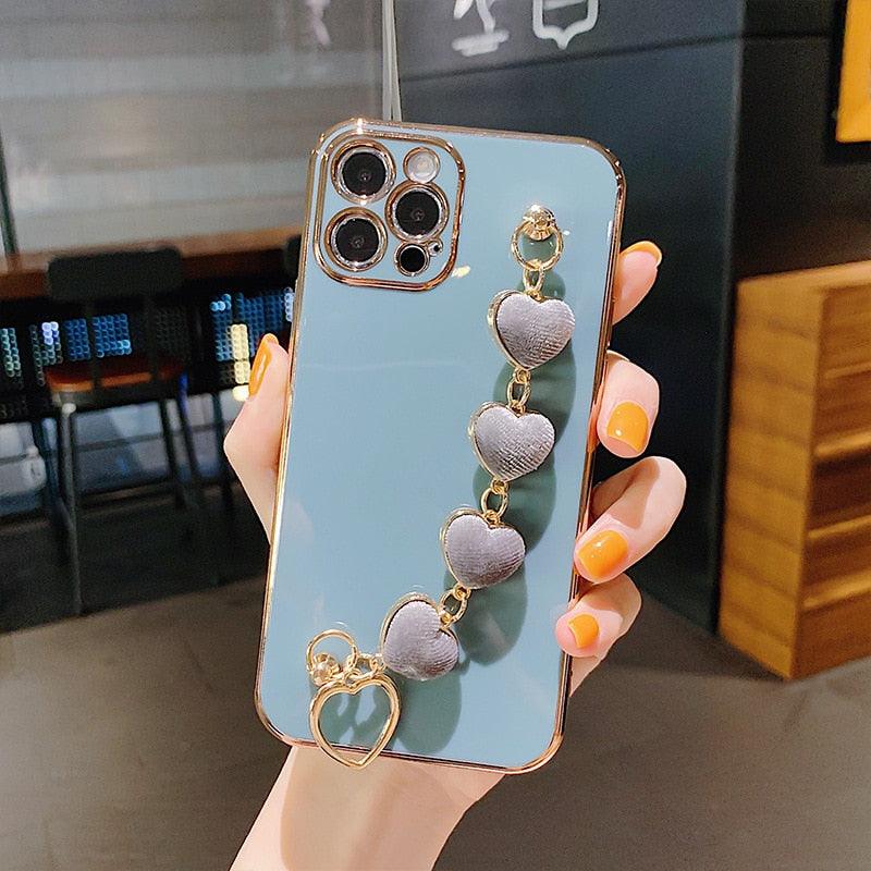 Luxury Women Silicone Phone Case Cover With Wrist Chain Bracelet for iPhone  Wristband Bracelet Hand Holder Cover for iPhone 13 12 11 Pro Max plating Case Heart Chain Cases for iPhone 7 8 Plus XR XS Max X