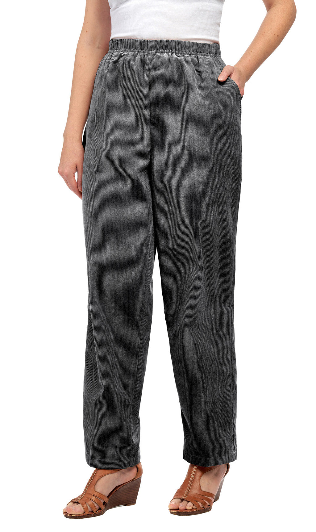 Womens Pull On Fine Wale Corduroy Pants with soft-covered elastic waist