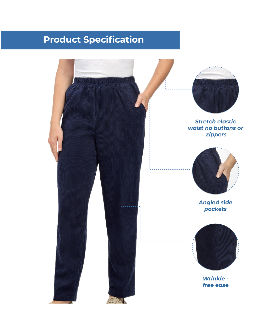 Womens Pull On Fine Wale Corduroy Pants with soft-covered elastic waist