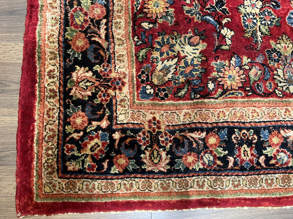 Persian Sarouk Rug 5x6, Hand Knotted Antique 1920s Sarouk, Red Navy Blue