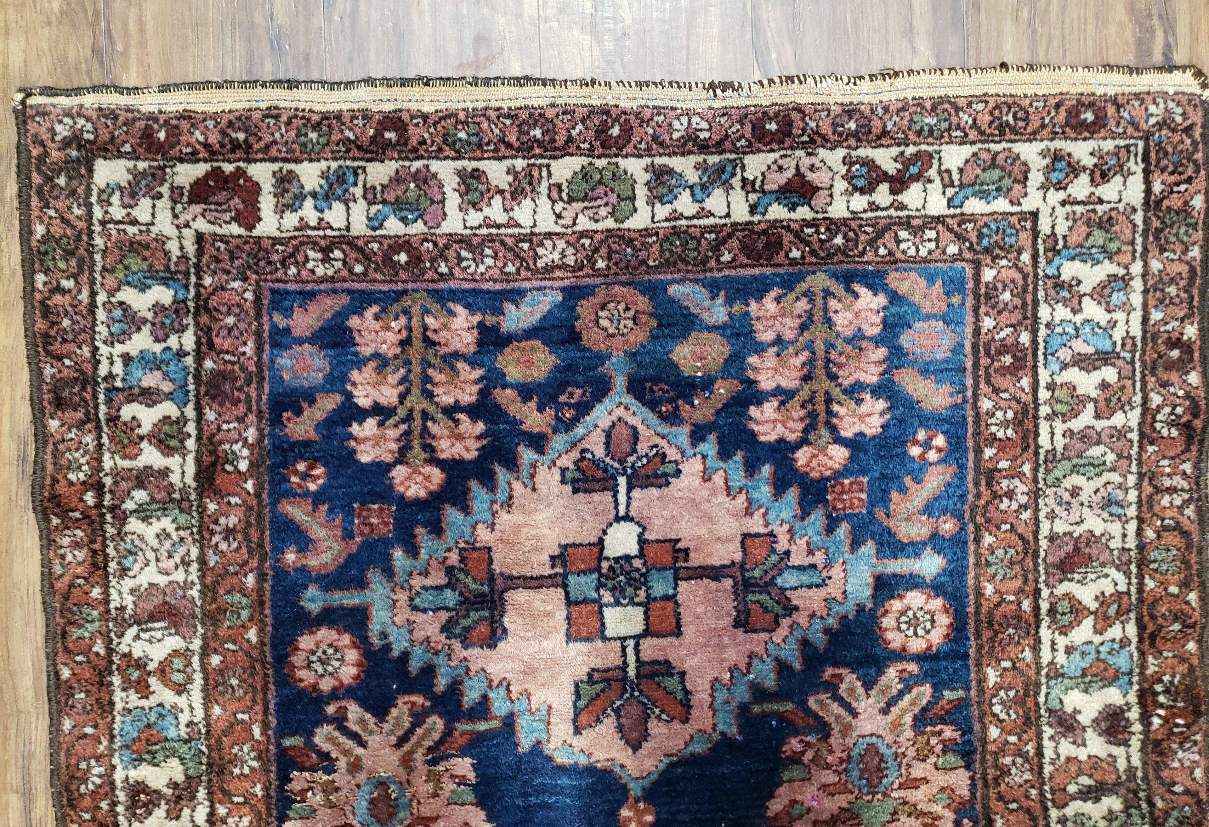 Blue Vintage Persian Hamadan Rug, Wool, Hand-Knotted, 4x6 ft