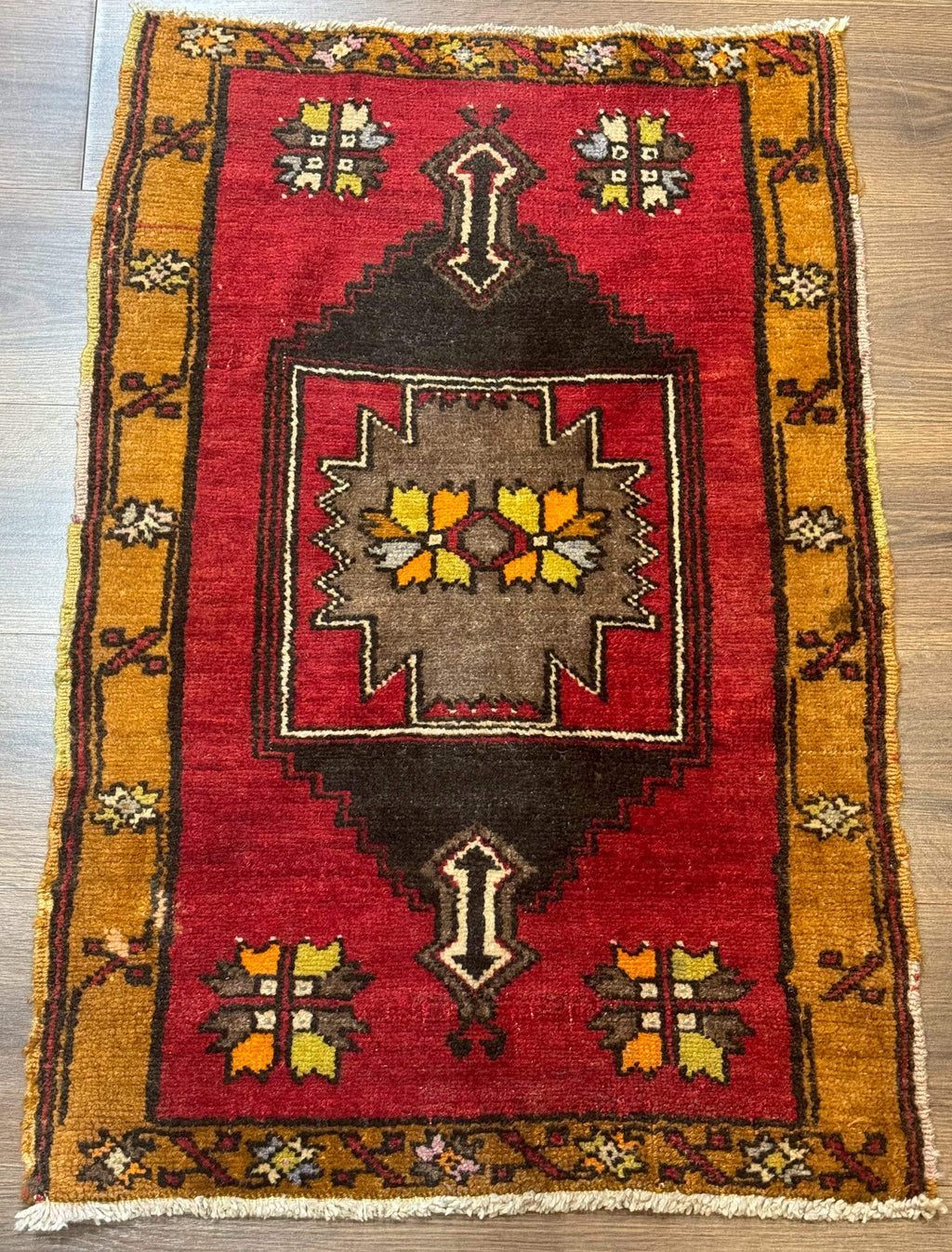 Turkish Yastik Rug 2x3, Geometric Medallion, Small Turkish Wool Rug, Red