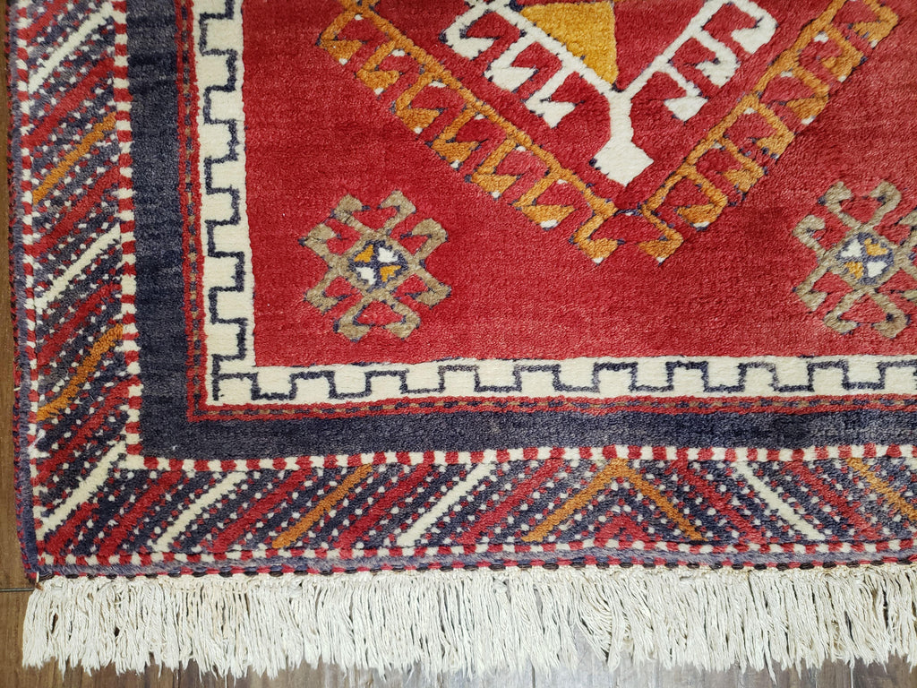 Vintage Turkish Kazak Rug 2.5 x 5 Red Wool Carpet Medallions Runner Geometric