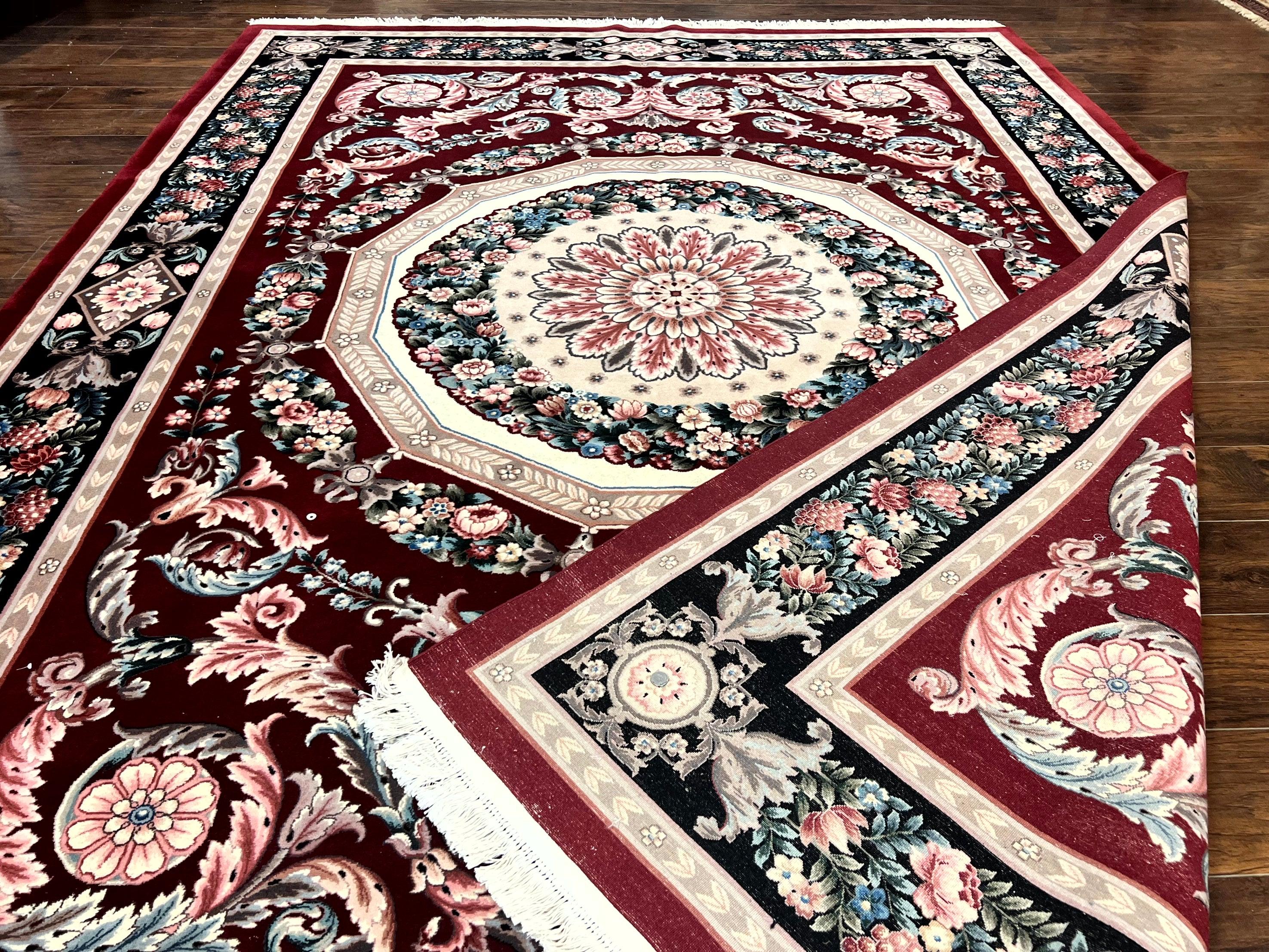 Chinese Aubusson Rug 9x12, Burgundy, Handmade Vintage Wool Carpet, Fine 210 KPSI, Elegant European Design