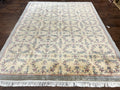 Sino Persian Rug 8x10, Floral, Oatmeal and Light Teal, Handmade Wool Vintage Carpet