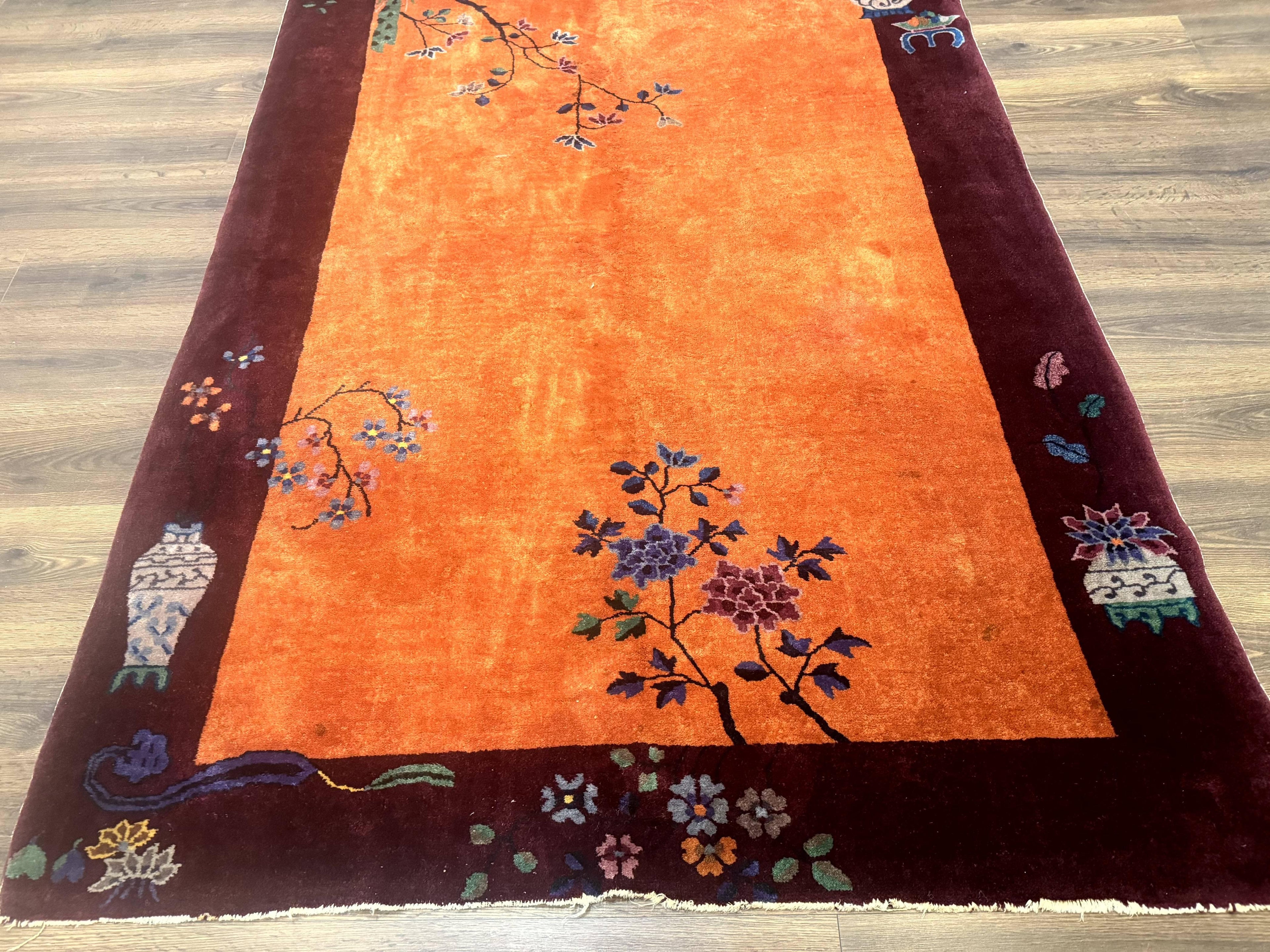 Chinese Art Deco Rug 5x8, Antique Chinese Wool Rug, Nichols Rug, Rare Chinese Carpet, Orange and Purple-Maroon