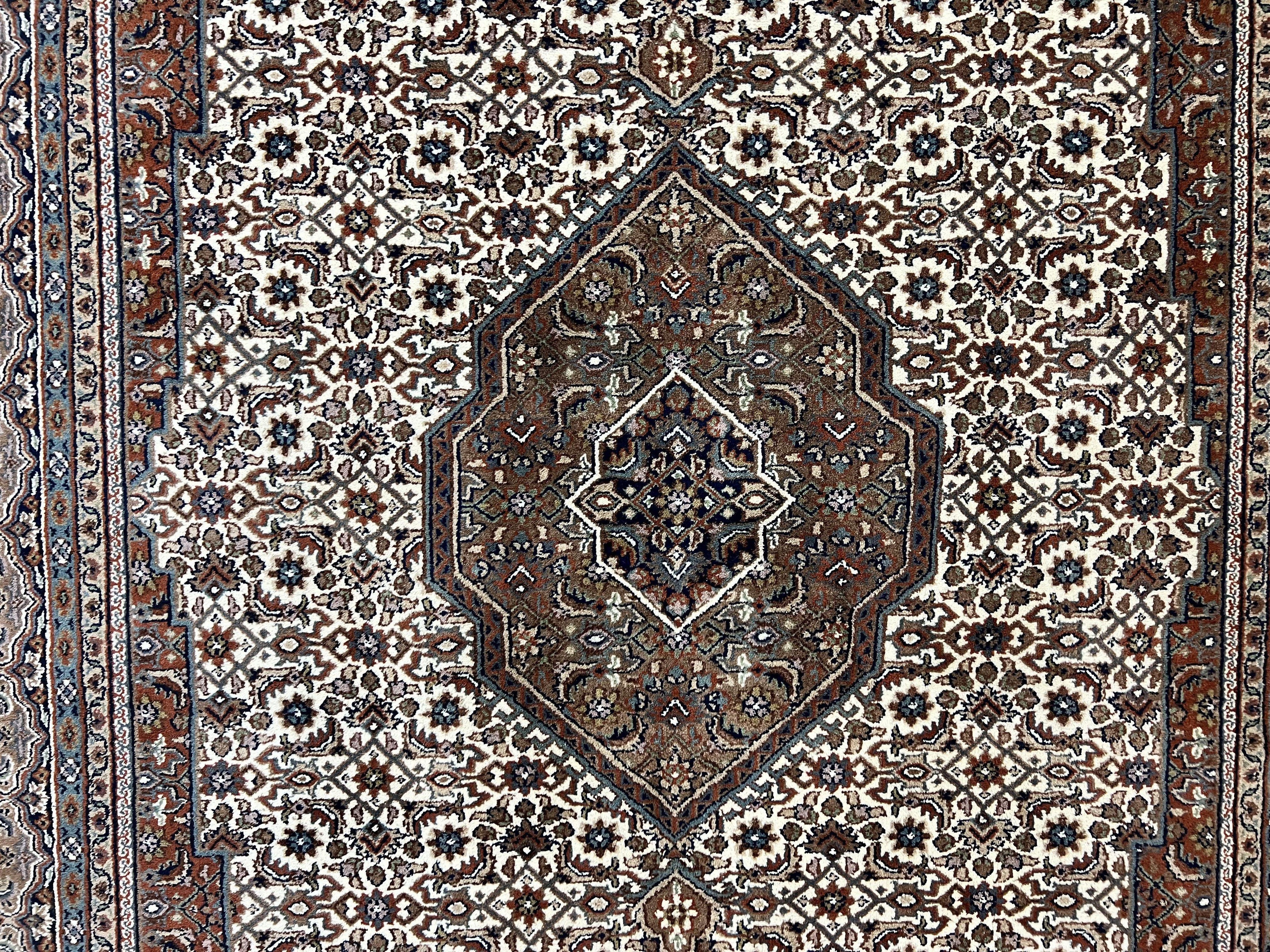 Indo Persian Rug 7x10 ft, Hand Knotted Wool Vintage Oriental Carpet 7 x 10, Traditional Handmade Herati Bidjar Cream Rug, Medallion Rug