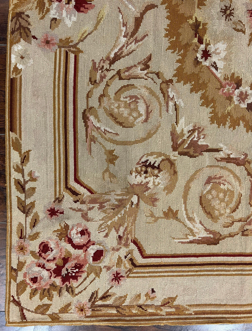 Aubusson Needlepoint Rug 4x5 ft, Beige and Tan, Aubusson Savonnerie Vintage Carpet, Handwoven Handmade Wool Rug, European Design Floral Rose