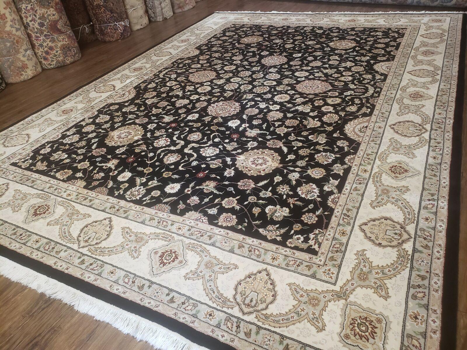 8' 5" X 11' 6" Vintage Handmade Oriental Floral Wool Rug Silk Accent Black Nice