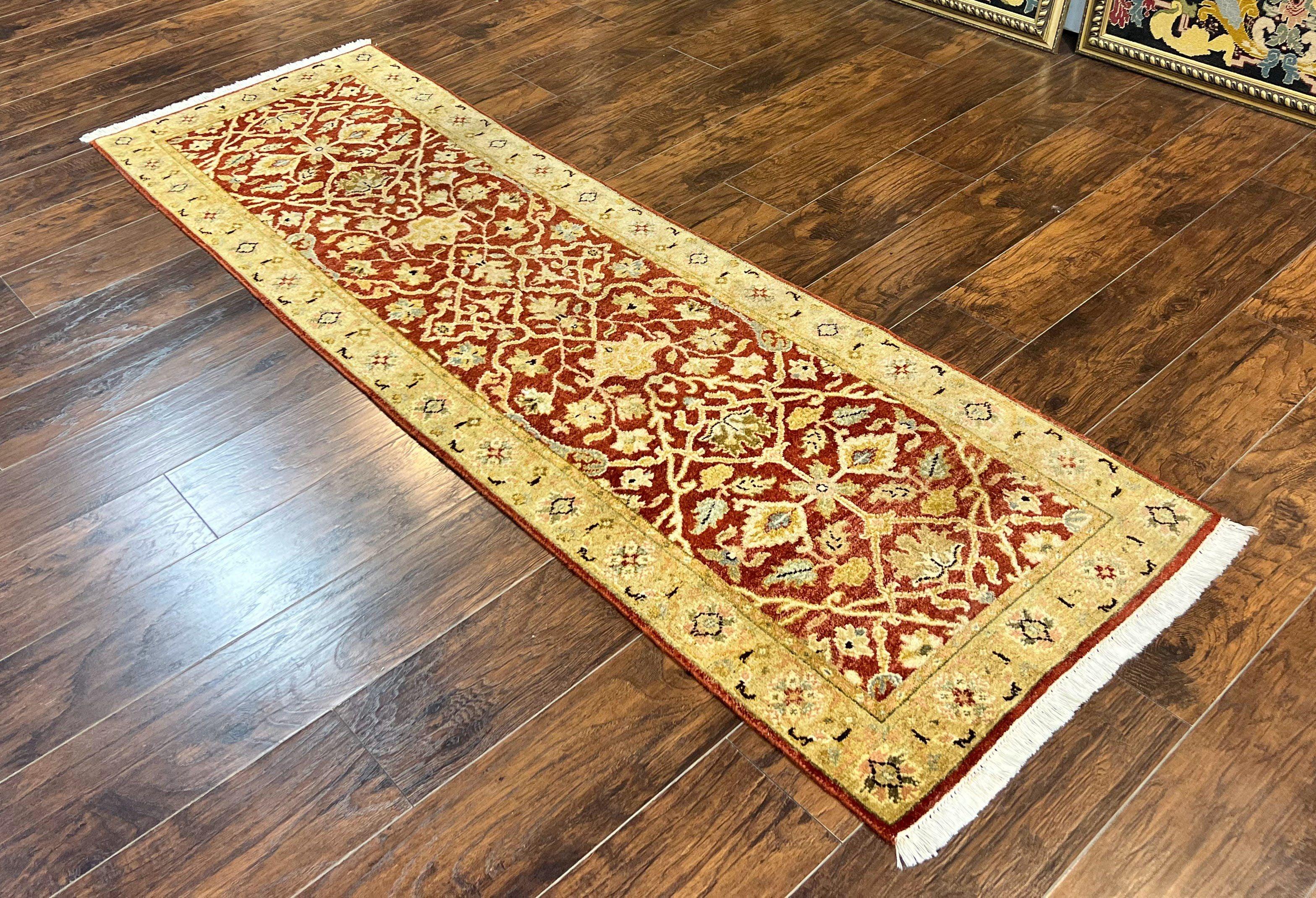 Pakistani Chobi Runner Rug 2.6 x 8, Pak Persian Oriental Rug for Hallway, Maroon Tan-Gold, Handmade Wool 8ft Runner for Hallway, Vintage Rug